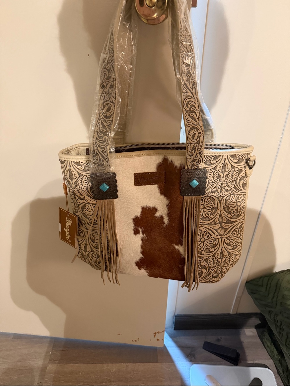 Montana West Brown & Cream Western Fringe Shoulder Bag with Turquoise Accents